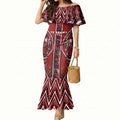 Aotearoa Te Arawa Mermaid Dress Maori Tribal Dark Red Paua Shell Pattern