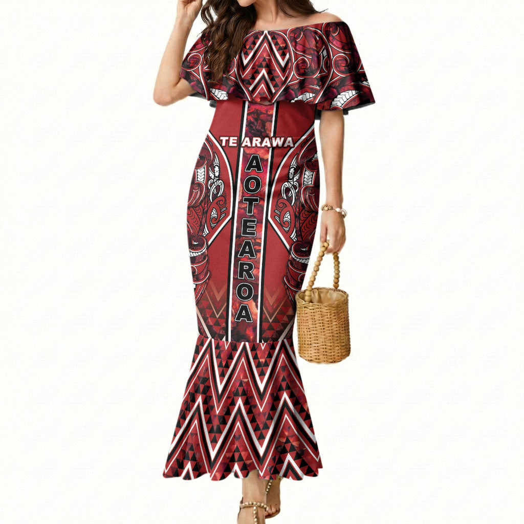 Aotearoa Te Arawa Mermaid Dress Maori Tribal Dark Red Paua Shell Pattern