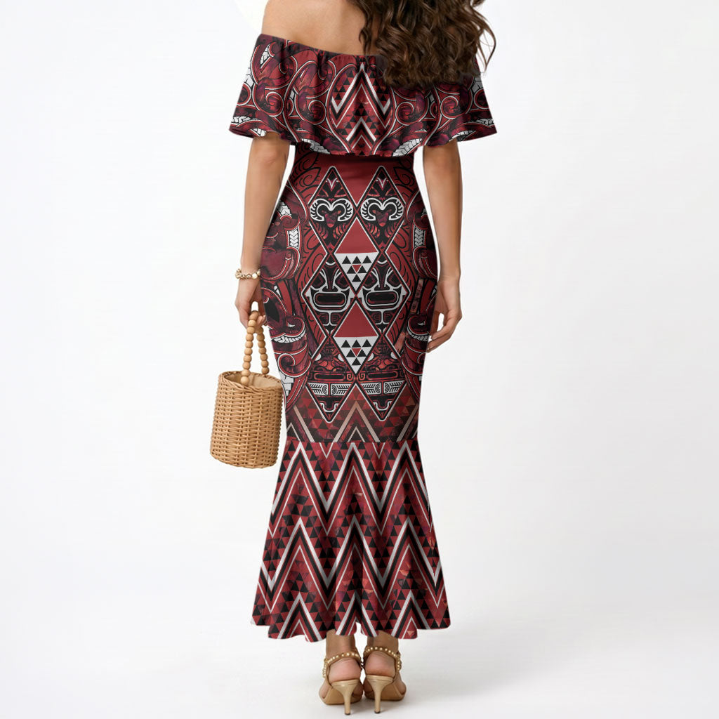 Aotearoa Te Arawa Mermaid Dress Maori Tribal Dark Red Paua Shell Pattern