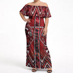 Aotearoa Te Arawa Off Shoulder Maxi Dress Maori Tribal Dark Red Paua Shell Pattern
