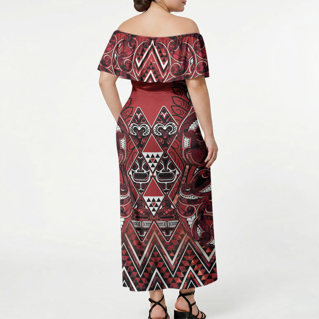 Aotearoa Te Arawa Off Shoulder Maxi Dress Maori Tribal Dark Red Paua Shell Pattern