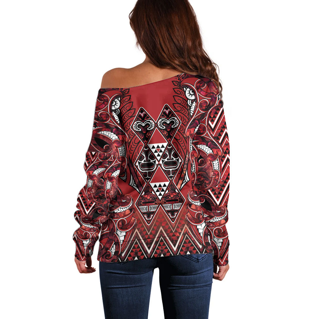 Aotearoa Te Arawa Off Shoulder Sweater Maori Tribal Dark Red Paua Shell Pattern