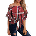 Aotearoa Te Arawa Off Shoulder Wrap Waist Top Maori Tribal Dark Red Paua Shell Pattern