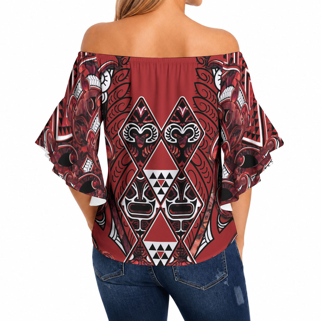 Aotearoa Te Arawa Off Shoulder Wrap Waist Top Maori Tribal Dark Red Paua Shell Pattern