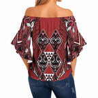 Aotearoa Te Arawa Off Shoulder Wrap Waist Top Maori Tribal Dark Red Paua Shell Pattern