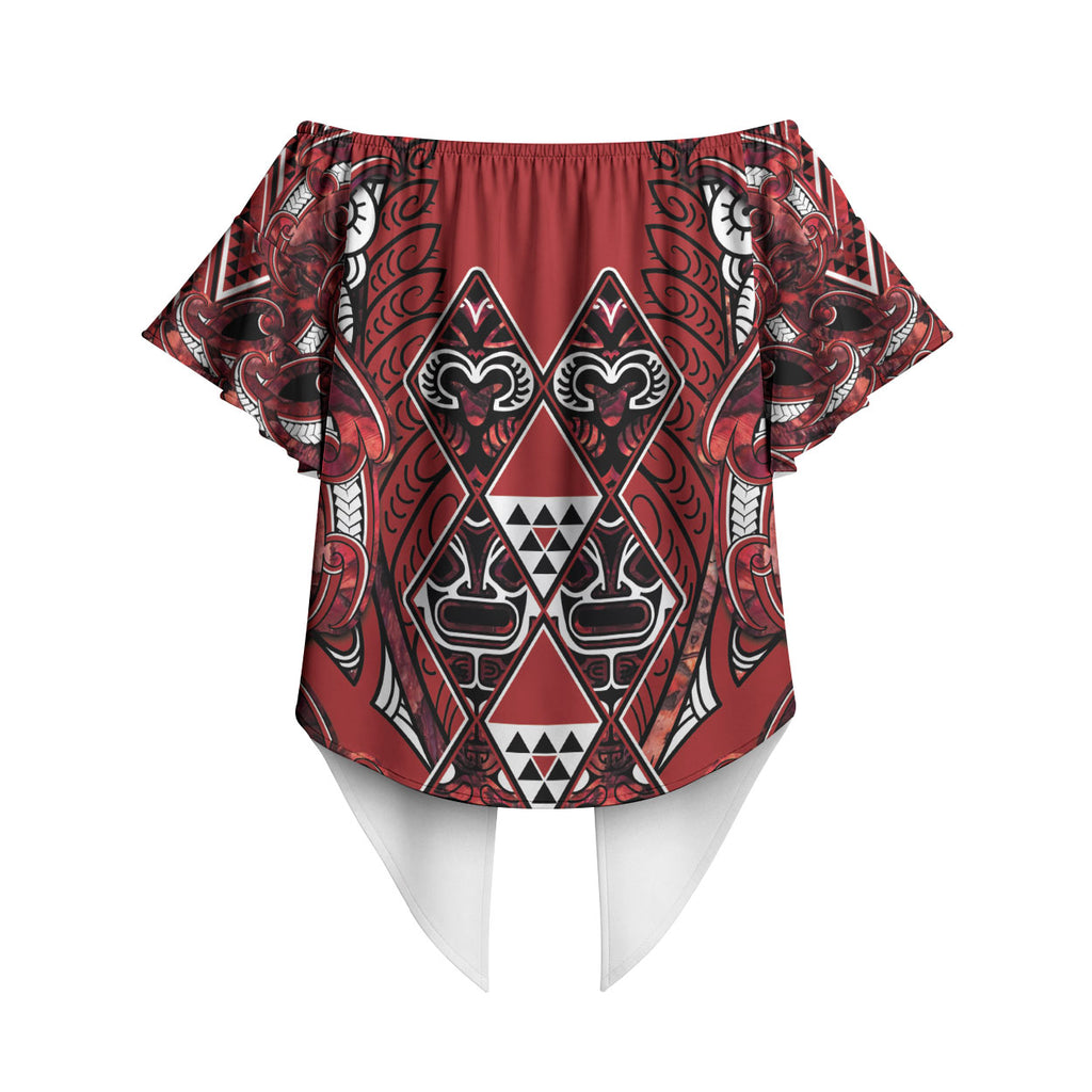 Aotearoa Te Arawa Off Shoulder Wrap Waist Top Maori Tribal Dark Red Paua Shell Pattern