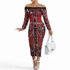 Aotearoa Te Arawa Off The Shoulder Long Sleeve Dress Maori Tribal Dark Red Paua Shell Pattern