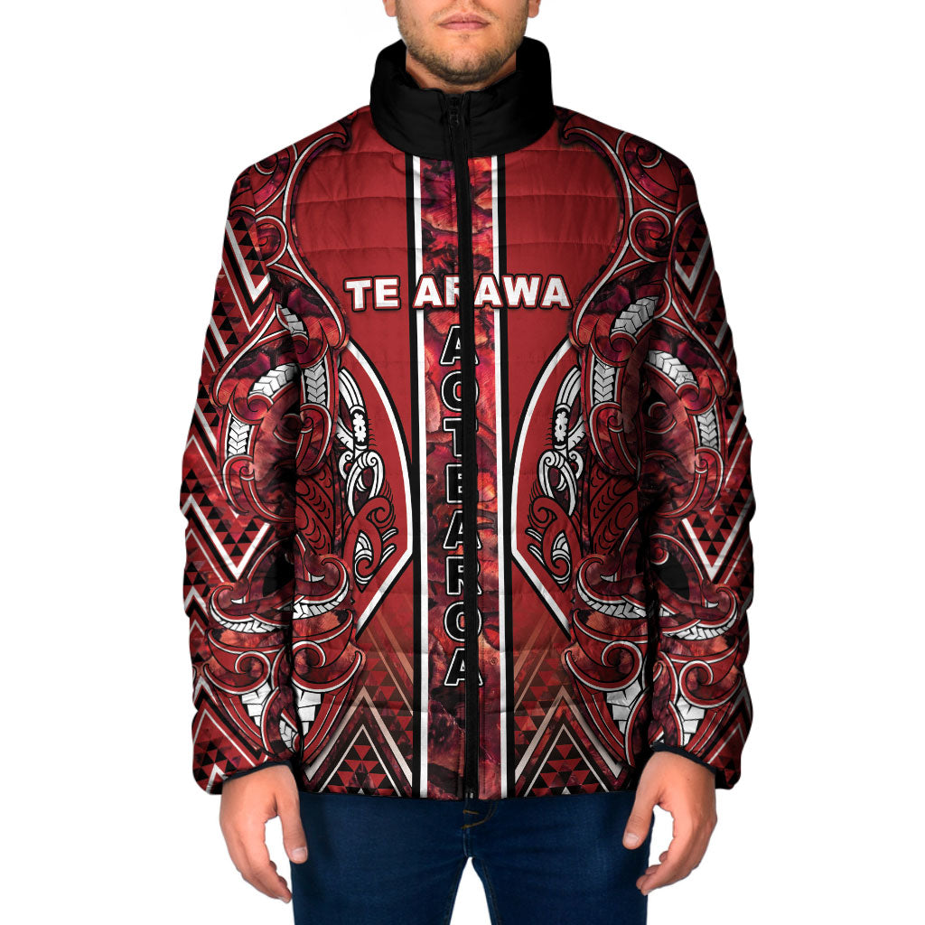 Aotearoa Te Arawa Padded Jacket Maori Tribal Dark Red Paua Shell Pattern