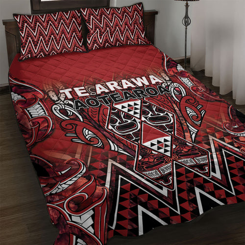 Aotearoa Te Arawa Quilt Bed Set Maori Tribal Dark Red Paua Shell Pattern
