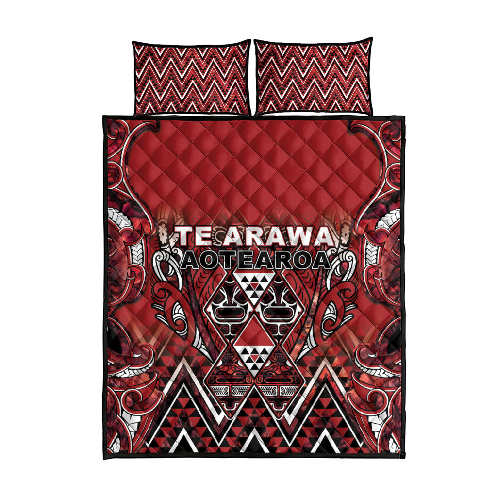 Aotearoa Te Arawa Quilt Bed Set Maori Tribal Dark Red Paua Shell Pattern