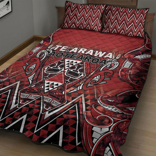 Aotearoa Te Arawa Quilt Bed Set Maori Tribal Dark Red Paua Shell Pattern