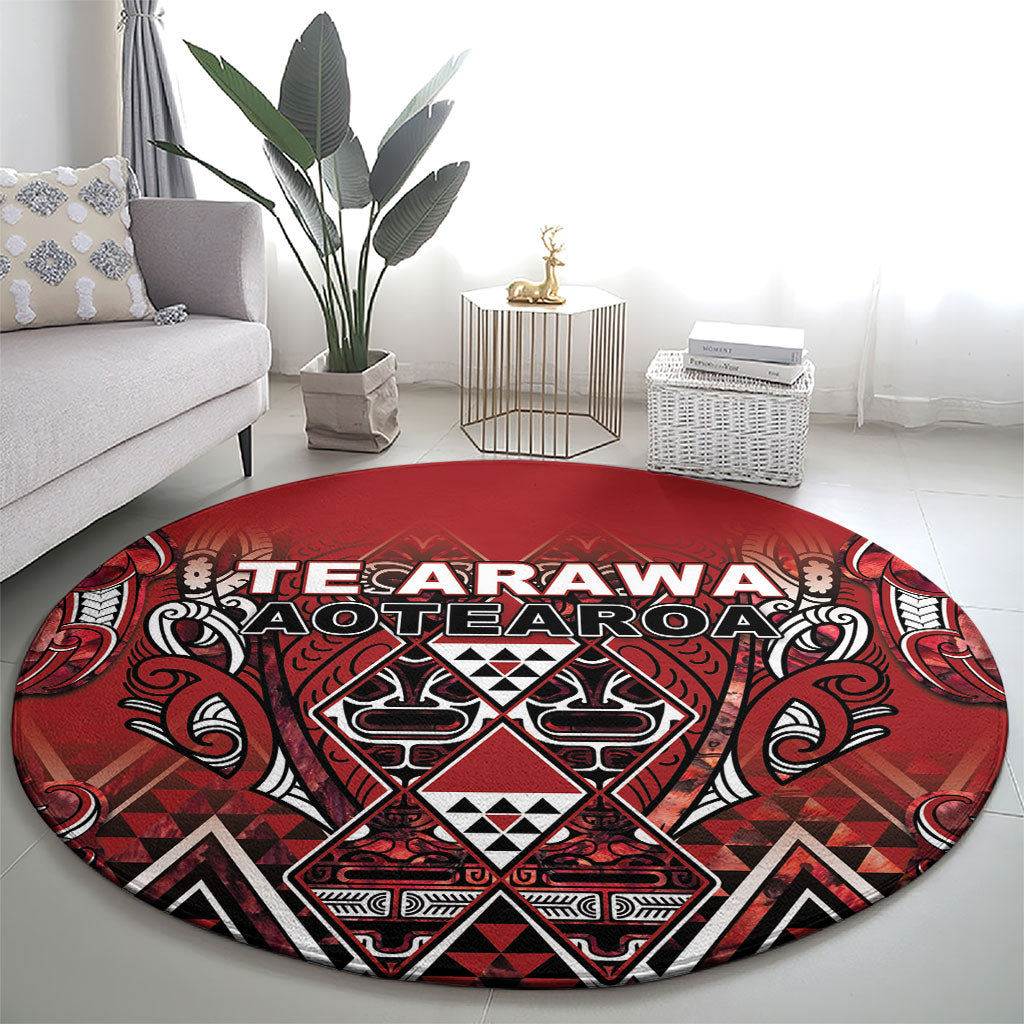 Aotearoa Te Arawa Round Carpet Maori Tribal Dark Red Paua Shell Pattern