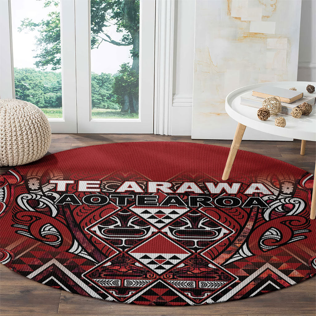 Aotearoa Te Arawa Round Carpet Maori Tribal Dark Red Paua Shell Pattern