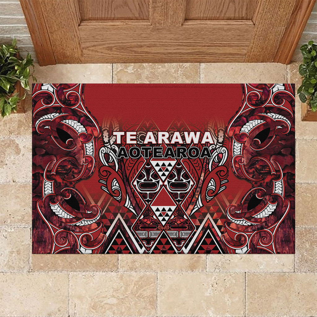 Aotearoa Te Arawa Rubber Doormat Maori Tribal Dark Red Paua Shell Pattern