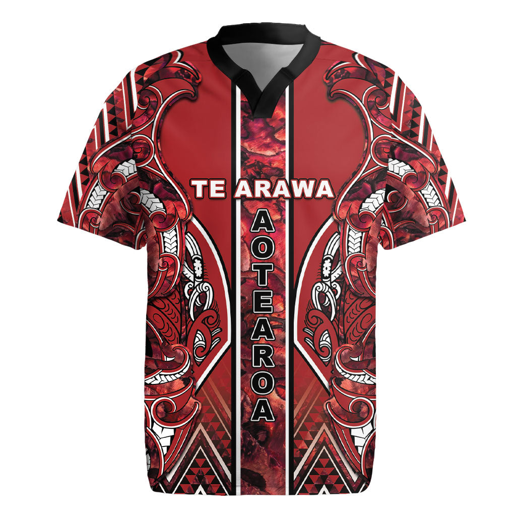 Aotearoa Te Arawa Rugby Jersey Maori Tribal Dark Red Paua Shell Pattern