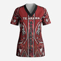 Aotearoa Te Arawa Scrub Top Maori Tribal Dark Red Paua Shell Pattern