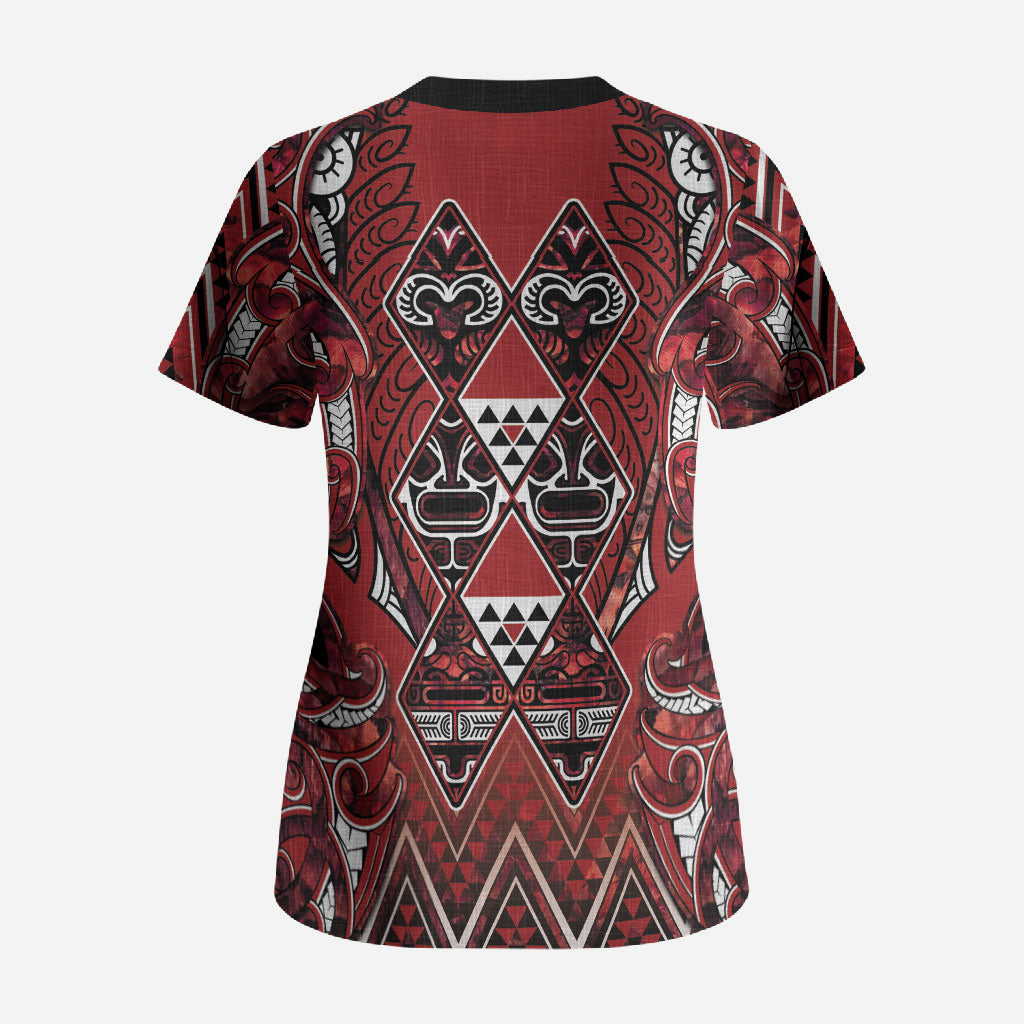 Aotearoa Te Arawa Scrub Top Maori Tribal Dark Red Paua Shell Pattern