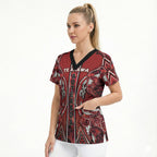 Aotearoa Te Arawa Scrub Top Maori Tribal Dark Red Paua Shell Pattern