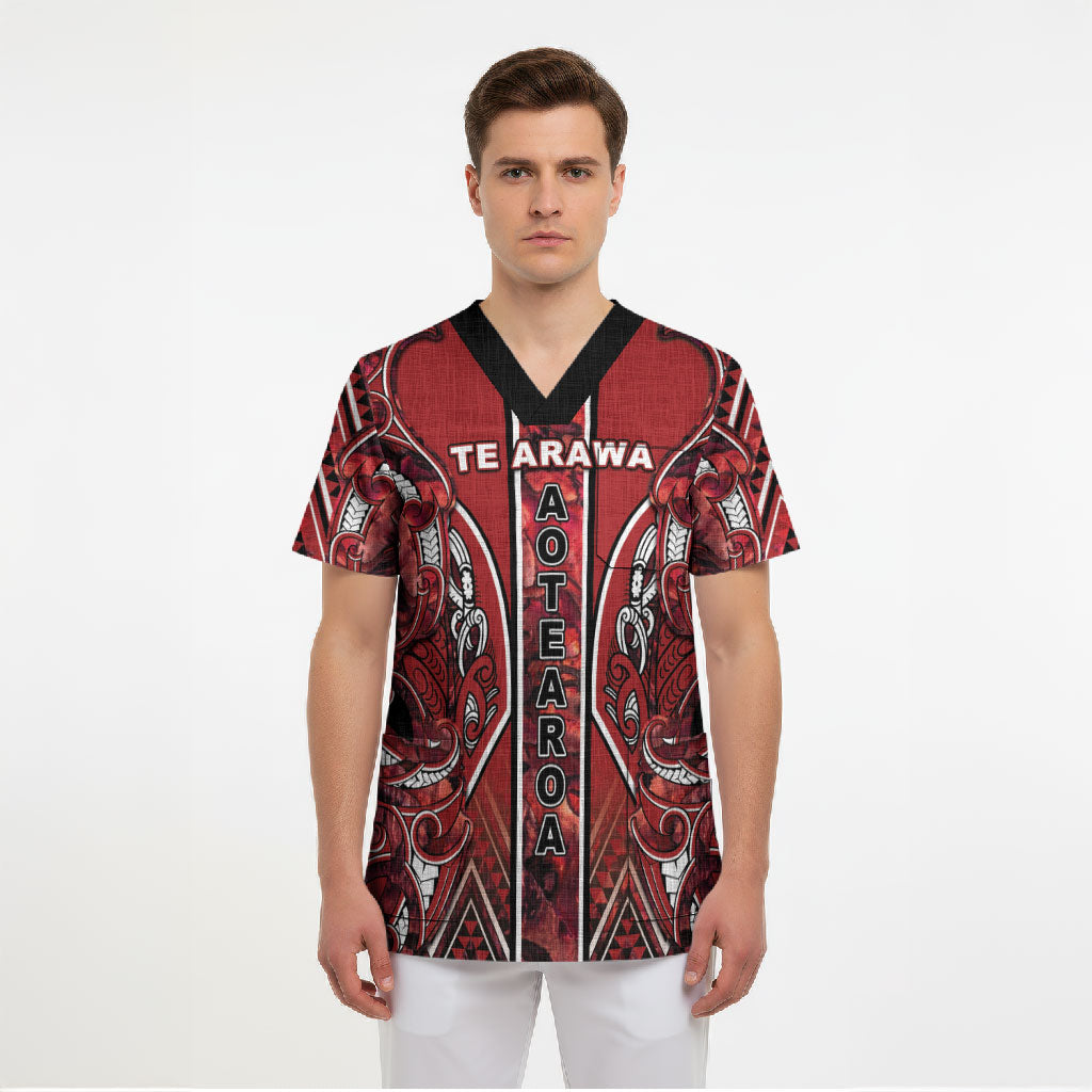 Aotearoa Te Arawa Scrub Top Maori Tribal Dark Red Paua Shell Pattern