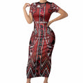 Aotearoa Te Arawa Short Sleeve Bodycon Dress Maori Tribal Dark Red Paua Shell Pattern