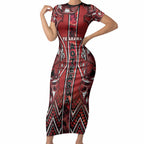 Aotearoa Te Arawa Short Sleeve Bodycon Dress Maori Tribal Dark Red Paua Shell Pattern
