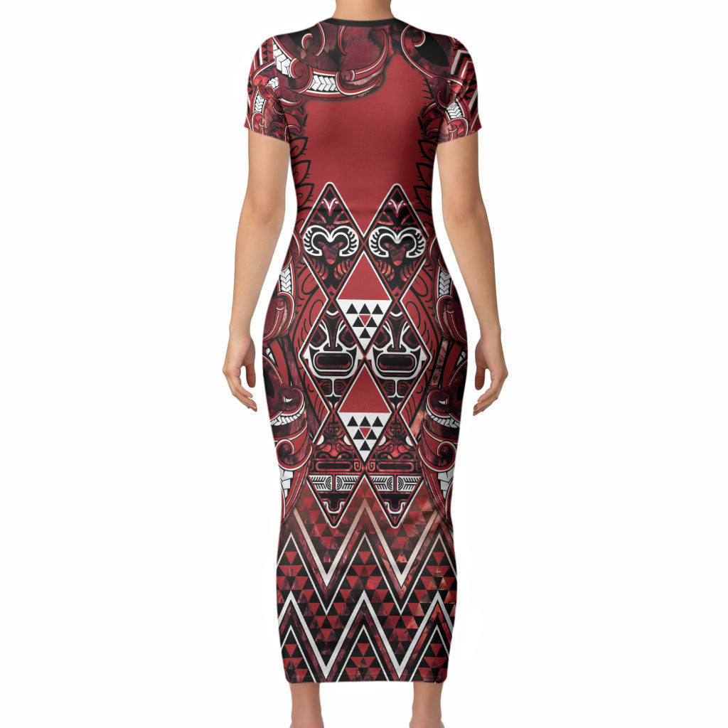 Aotearoa Te Arawa Short Sleeve Bodycon Dress Maori Tribal Dark Red Paua Shell Pattern