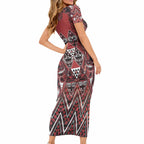 Aotearoa Te Arawa Short Sleeve Bodycon Dress Maori Tribal Dark Red Paua Shell Pattern