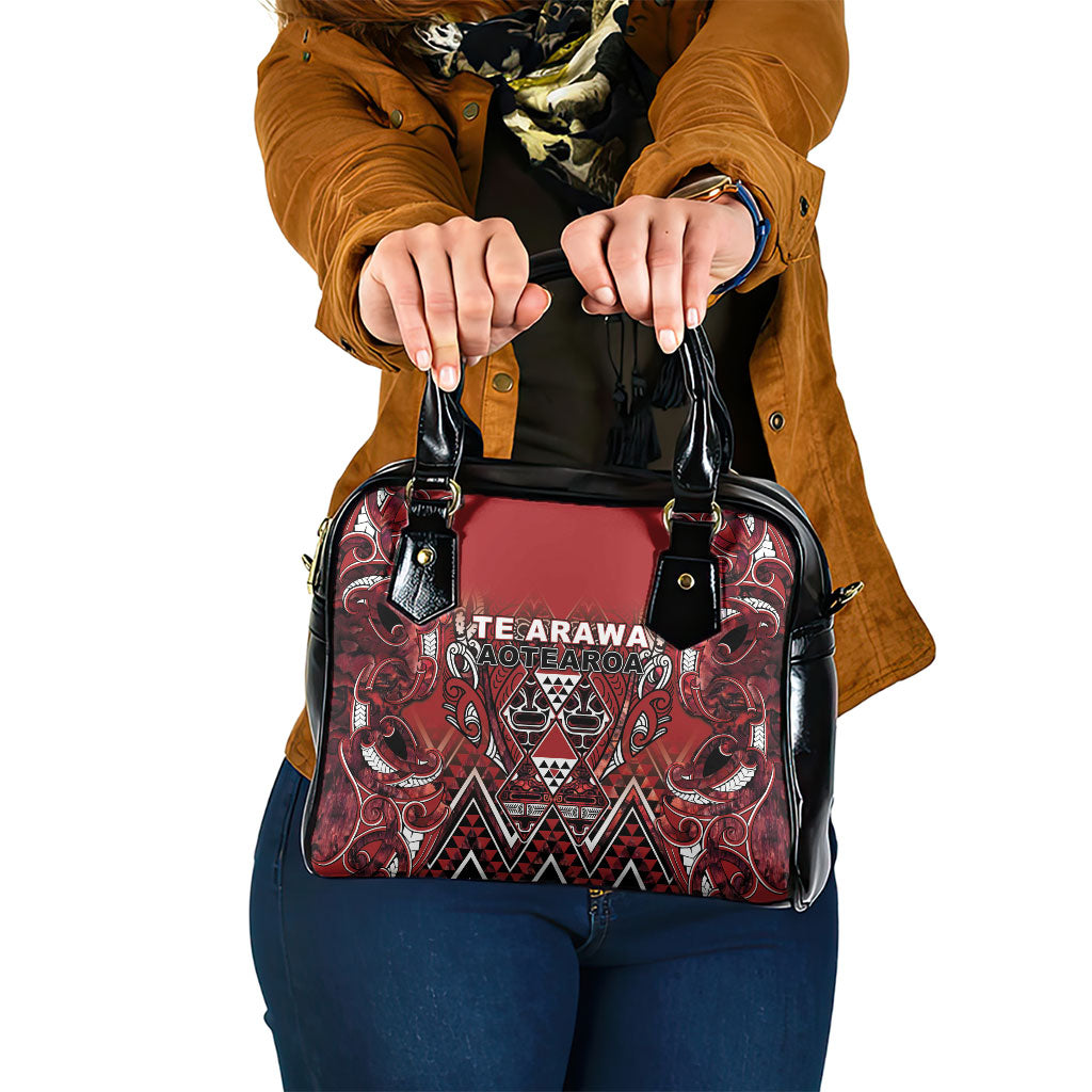 Aotearoa Te Arawa Shoulder Handbag Maori Tribal Dark Red Paua Shell Pattern