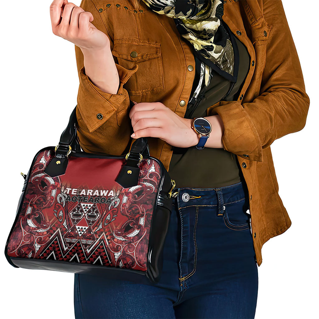 Aotearoa Te Arawa Shoulder Handbag Maori Tribal Dark Red Paua Shell Pattern