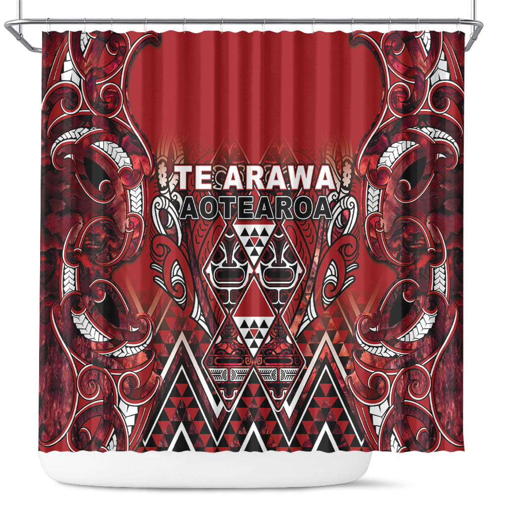 Aotearoa Te Arawa Shower Curtain Maori Tribal Dark Red Paua Shell Pattern