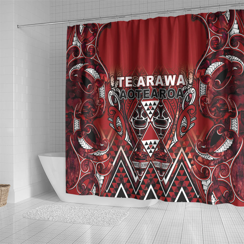 Aotearoa Te Arawa Shower Curtain Maori Tribal Dark Red Paua Shell Pattern