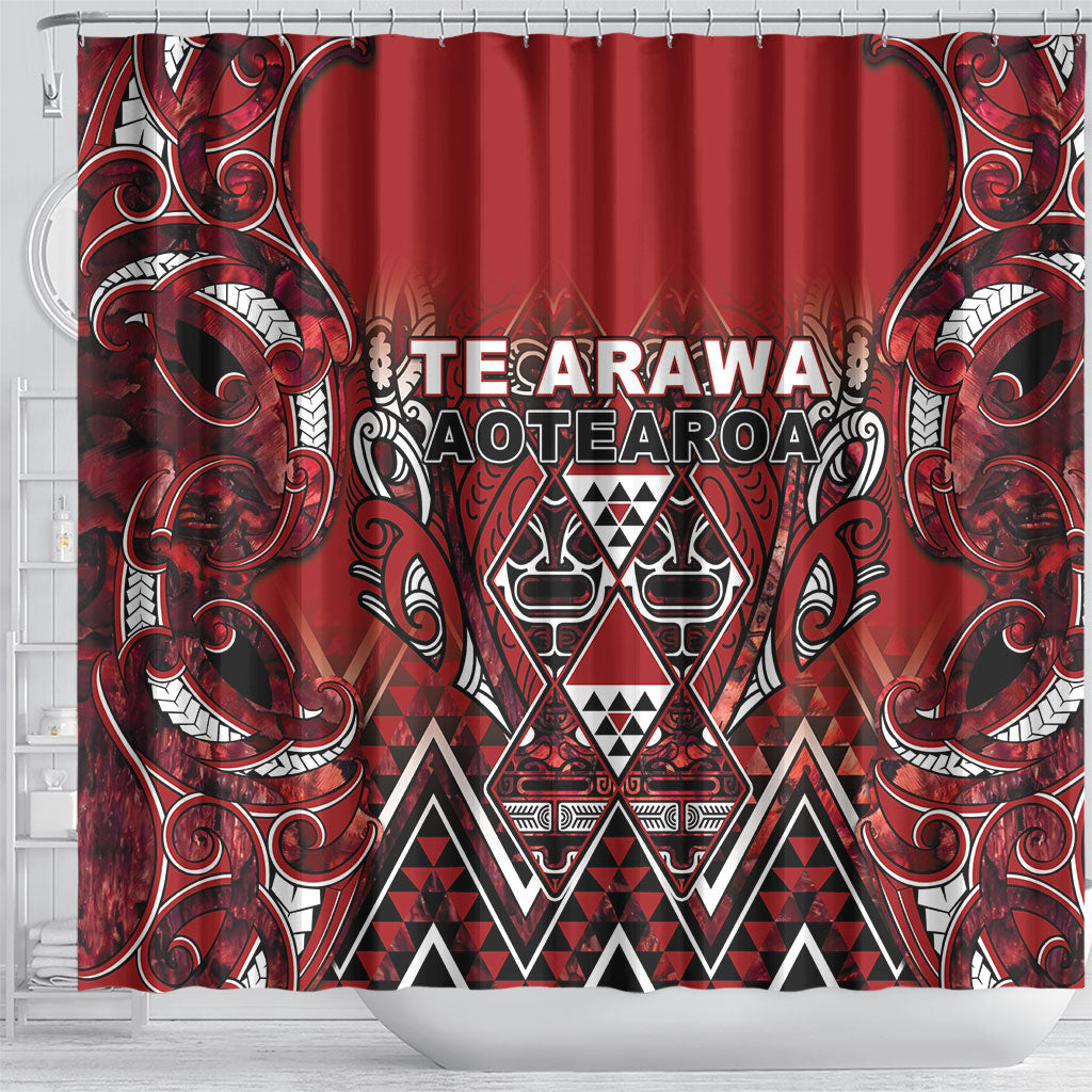 Aotearoa Te Arawa Shower Curtain Maori Tribal Dark Red Paua Shell Pattern