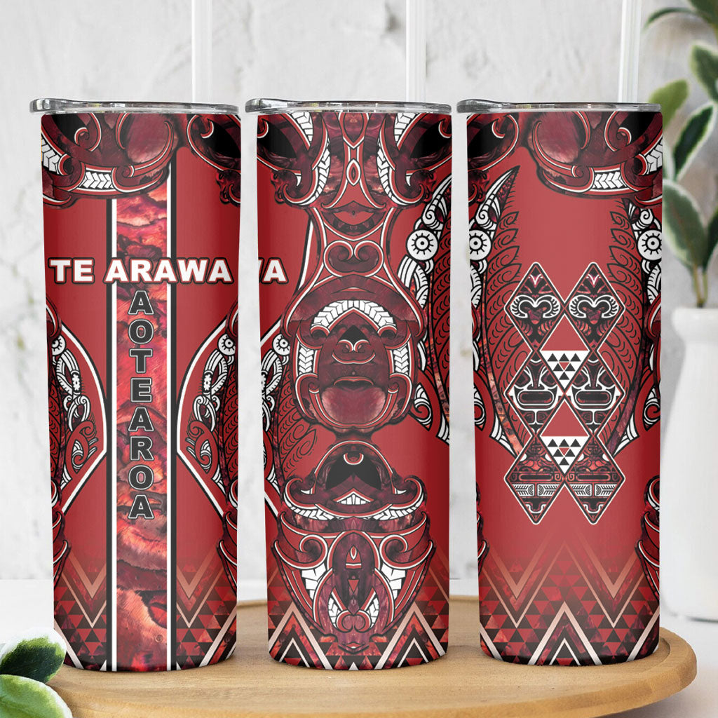 Aotearoa Te Arawa Skinny Tumbler Maori Tribal Dark Red Paua Shell Pattern