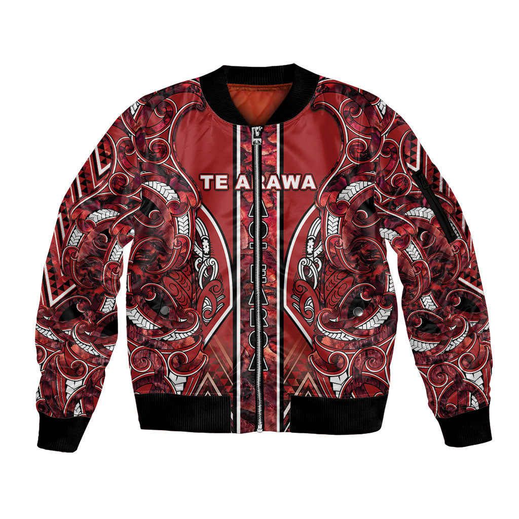 Aotearoa Te Arawa Sleeve Zip Bomber Jacket Maori Tribal Dark Red Paua Shell Pattern