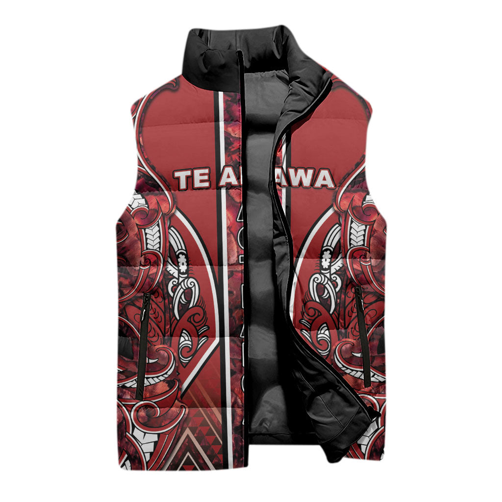 Aotearoa Te Arawa Sleeveless Puffer Jacket Maori Tribal Dark Red Paua Shell Pattern
