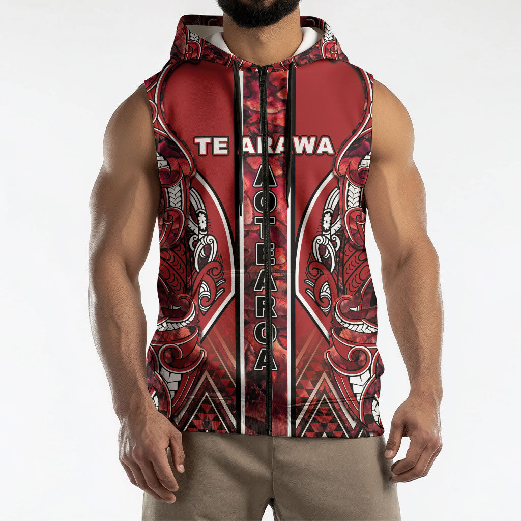 Aotearoa Te Arawa Sleeveless Zip Hoodie Maori Tribal Dark Red Paua Shell Pattern