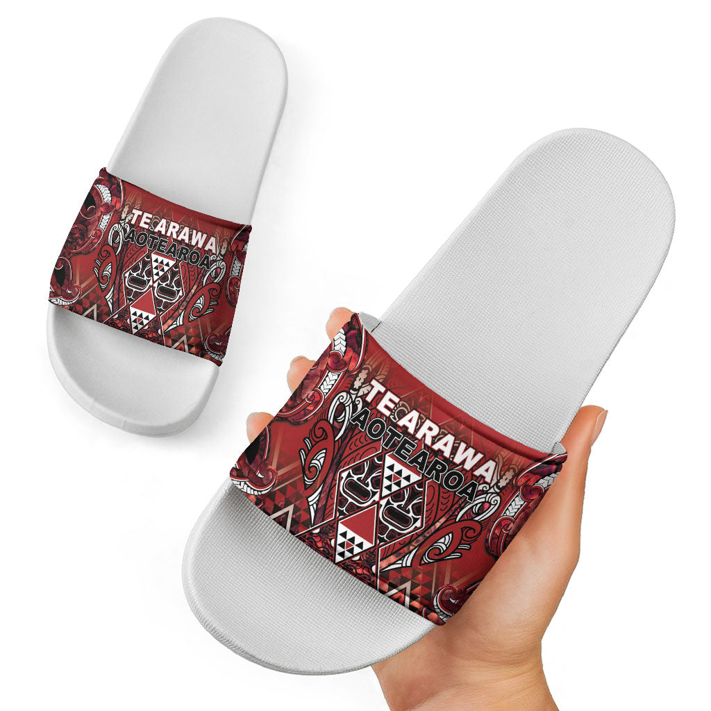 Aotearoa Te Arawa Slide Sandals Maori Tribal Dark Red Paua Shell Pattern