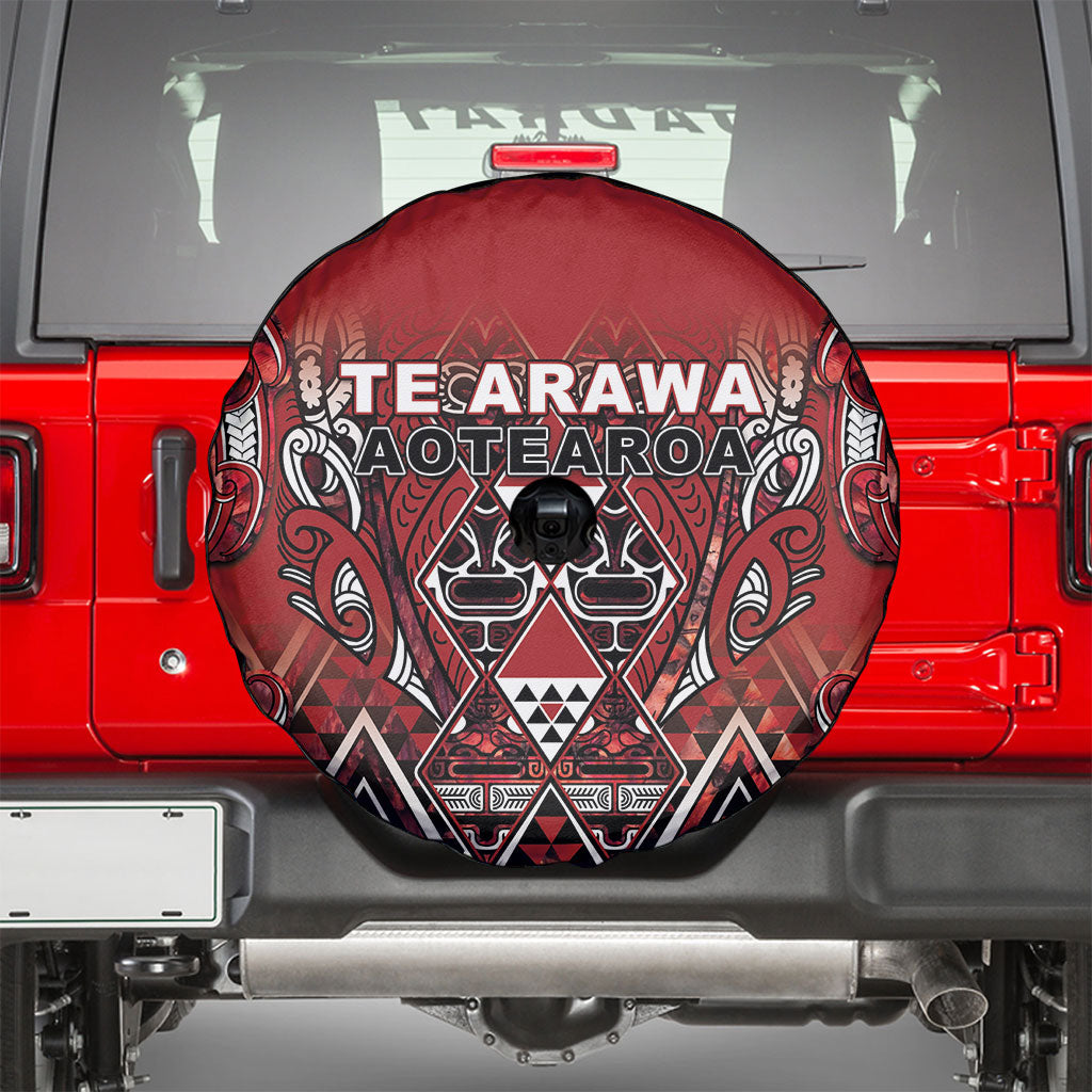 Aotearoa Te Arawa Spare Tire Cover Maori Tribal Dark Red Paua Shell Pattern