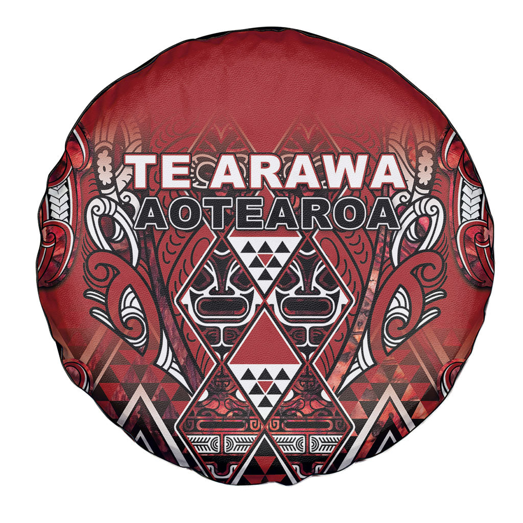 Aotearoa Te Arawa Spare Tire Cover Maori Tribal Dark Red Paua Shell Pattern