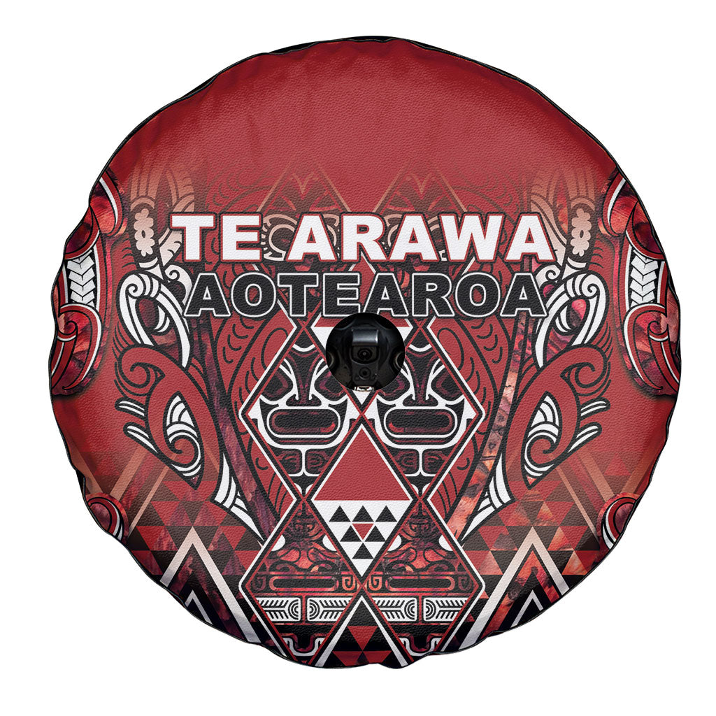 Aotearoa Te Arawa Spare Tire Cover Maori Tribal Dark Red Paua Shell Pattern