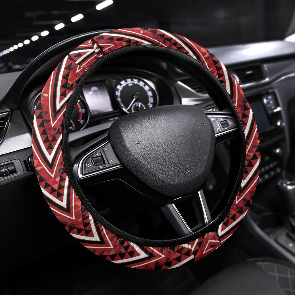 Aotearoa Te Arawa Steering Wheel Cover Maori Tribal Dark Red Paua Shell Pattern