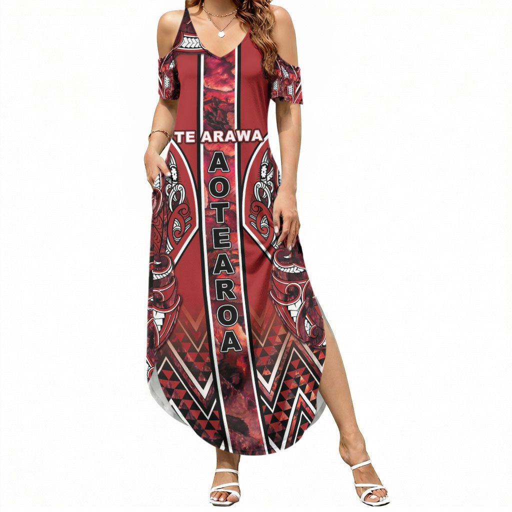Aotearoa Te Arawa Summer Maxi Dress Maori Tribal Dark Red Paua Shell Pattern