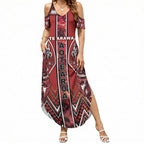 Aotearoa Te Arawa Summer Maxi Dress Maori Tribal Dark Red Paua Shell Pattern
