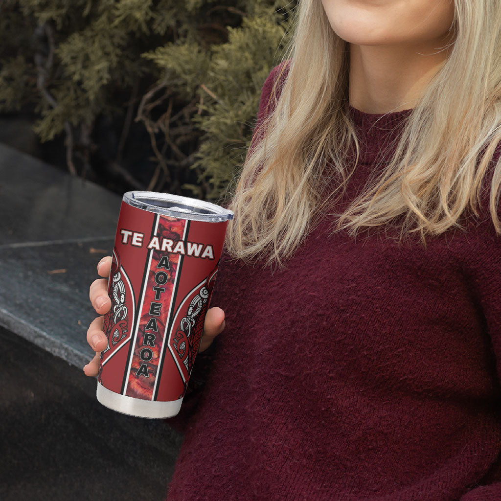 Aotearoa Te Arawa Tumbler Cup Maori Tribal Dark Red Paua Shell Pattern