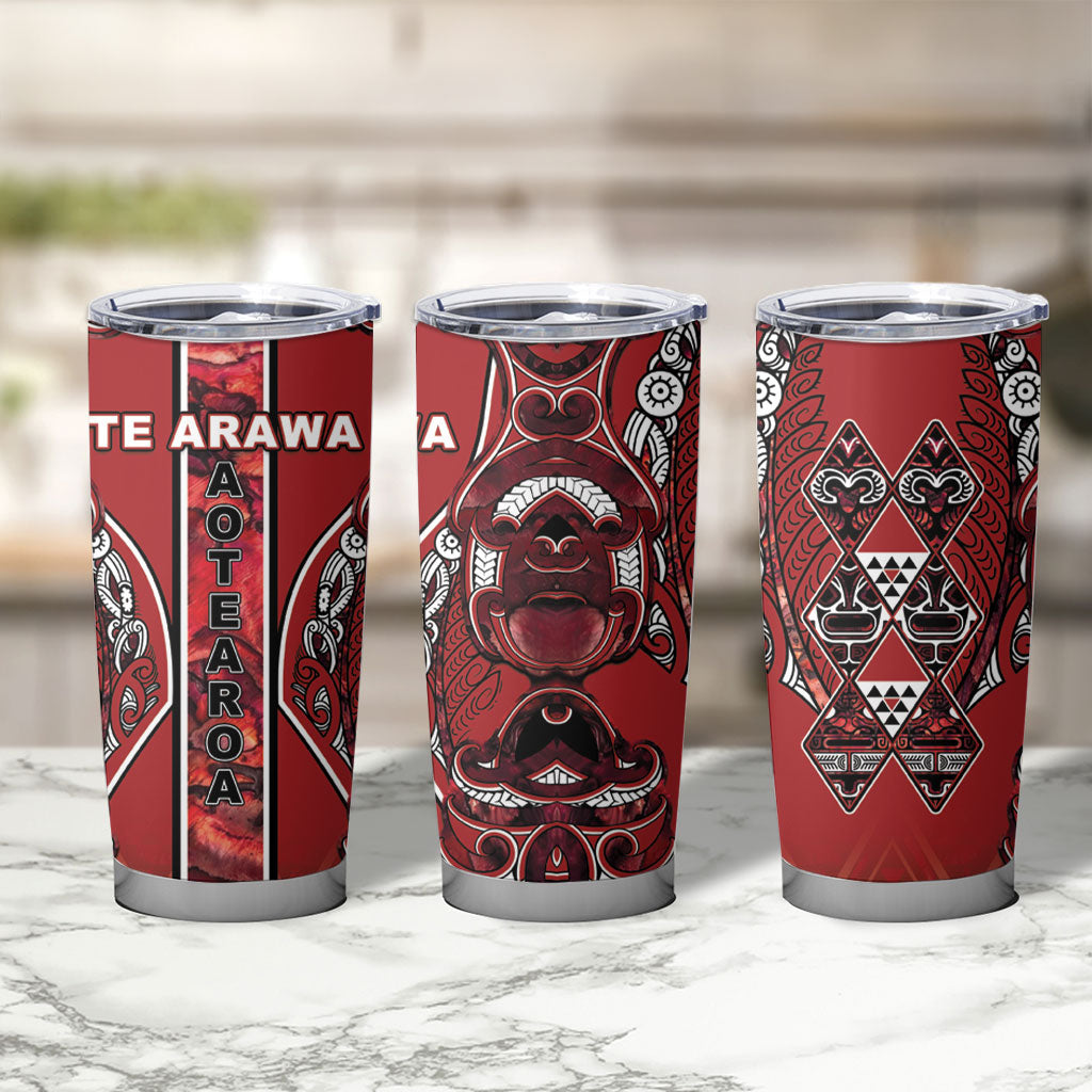 Aotearoa Te Arawa Tumbler Cup Maori Tribal Dark Red Paua Shell Pattern