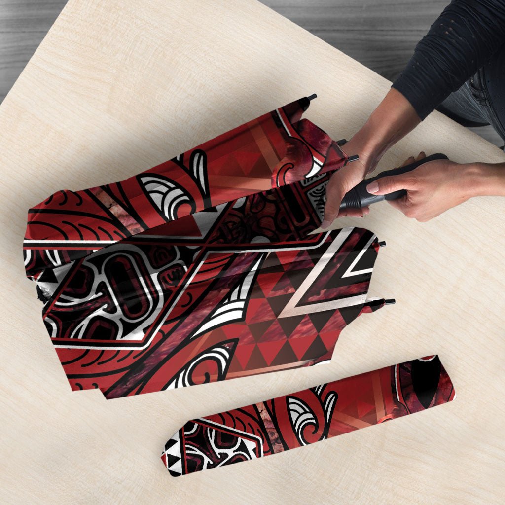 Aotearoa Te Arawa Umbrella Maori Tribal Dark Red Paua Shell Pattern