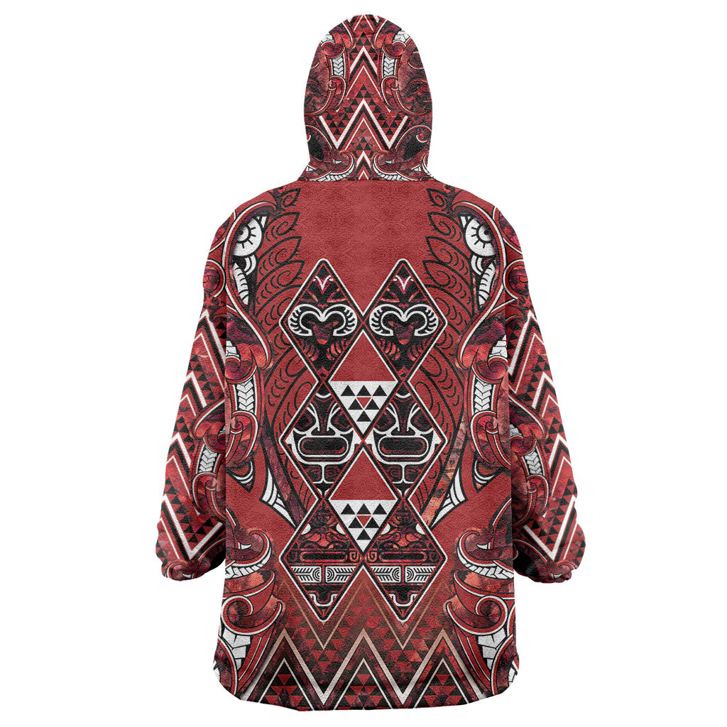 Aotearoa Te Arawa Wearable Blanket Hoodie Maori Tribal Dark Red Paua Shell Pattern