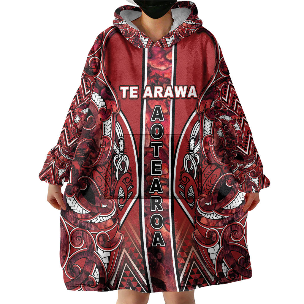 Aotearoa Te Arawa Wearable Blanket Hoodie Maori Tribal Dark Red Paua Shell Pattern