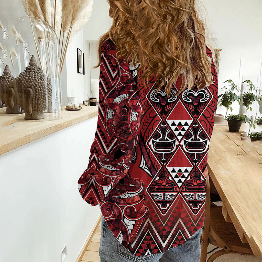 Aotearoa Te Arawa Women Casual Shirt Maori Tribal Dark Red Paua Shell Pattern