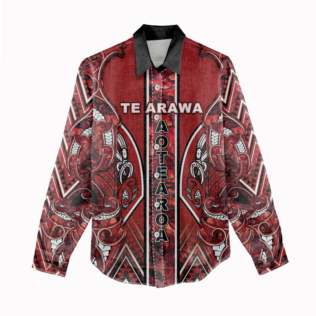 Aotearoa Te Arawa Women Casual Shirt Maori Tribal Dark Red Paua Shell Pattern